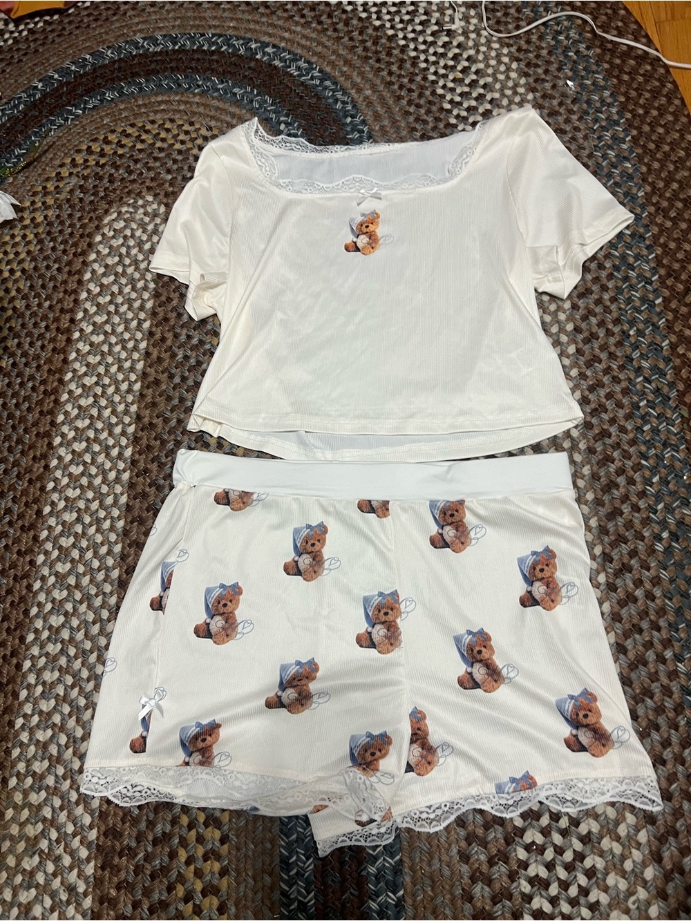 Women's White Teddy Print Lace Trim Pajama Set